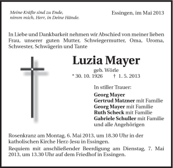 Traueranzeige von Luzia Mayer von Schwäbische Post