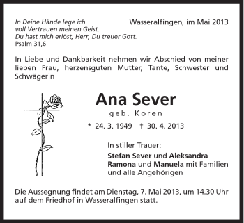 Traueranzeige von Ana Sever von Schwäbische Post