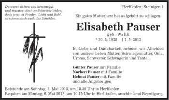Traueranzeige von Elisabeth Pauser von Gmünder Tagespost
