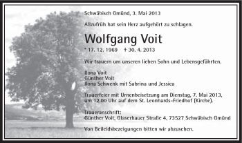 Traueranzeige von Wolfgang Voit von Gmünder Tagespost