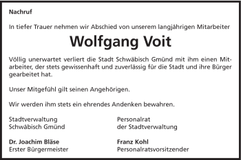 Traueranzeige von Wolfgang Voit von Gmünder Tagespost