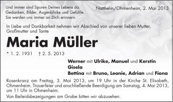 Traueranzeige von Maria Müller von Schwäbische Post