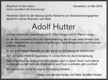 Traueranzeige von Adolf Hutter von Schwäbische Post