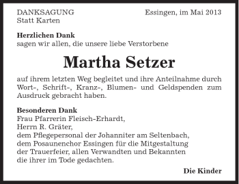 Traueranzeige von Martha Setzer von Schwäbische Post