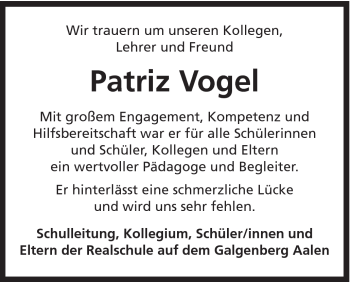 Traueranzeige von Patriz Vogel von Schwäbische Post