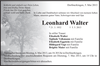 Traueranzeige von Leonhard Walter von Schwäbische Post