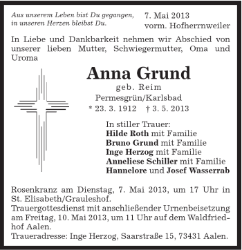 Traueranzeige von Anna Grund von Schwäbische Post