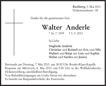 Traueranzeige von Walter Anderle von Gmünder Tagespost