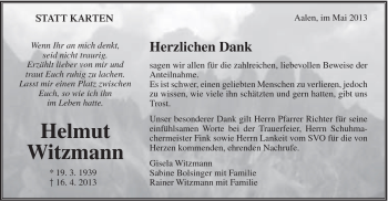 Traueranzeige von Helmut Witzmann von Schwäbische Post