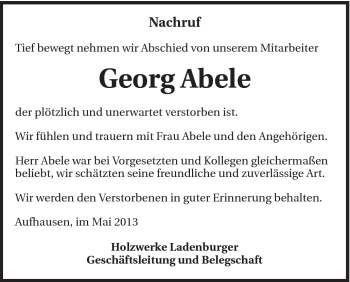 Traueranzeige von Georg Abele von Schwäbische Post