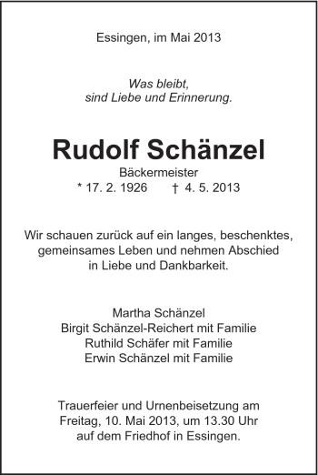 Traueranzeige von Rudolf Schänzel von Schwäbische Post