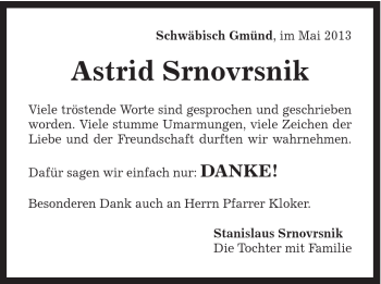 Traueranzeige von Astrid Srnovrsnik von Gmünder Tagespost