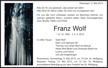 Traueranzeige von Franz Wolf von Schwäbische Post