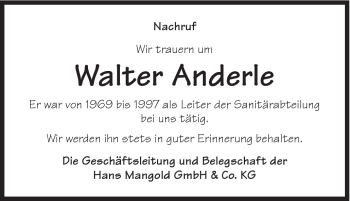 Traueranzeige von Walter Anderle von Gmünder Tagespost