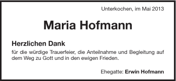 Traueranzeige von Maria Hofmann von Schwäbische Post