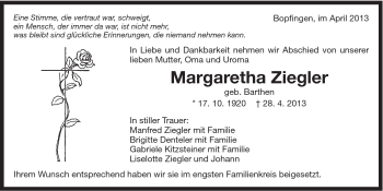 Traueranzeige von Margaretha Ziegler von 082