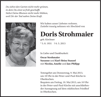 Traueranzeige von Doris Strohmaier von Schwäbische Post