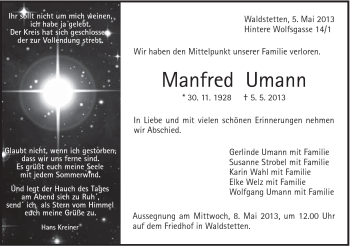 Traueranzeige von Manfred Umann von Gmünder Tagespost