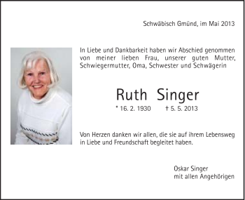 Traueranzeige von Ruth Singer von Gmünder Tagespost