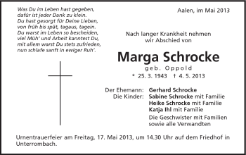 Traueranzeige von Marga Schrocke von Schwäbische Post