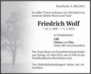 Traueranzeige von Friedrich Wolf von Schwäbische Post