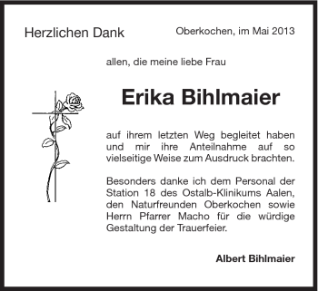 Traueranzeige von Erika Bihlmaier von Schwäbische Post