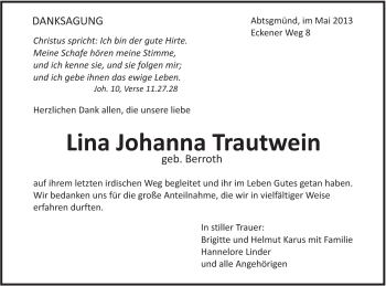 Traueranzeige von Lina Johanna Trautwein von Schwäbische Post
