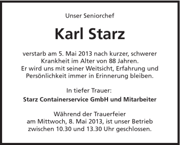 Traueranzeige von Karl Starz von Schwäbische Post