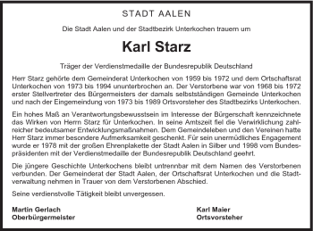 Traueranzeige von Karl Starz von Schwäbische Post