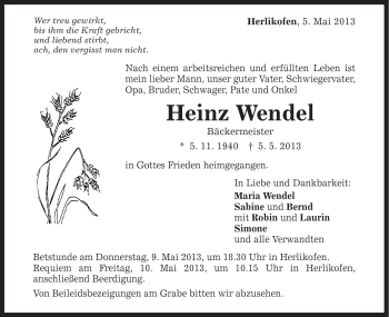 Traueranzeige von Heinz Wendel von Gmünder Tagespost
