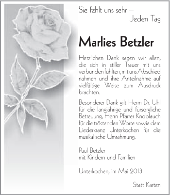 Traueranzeige von Marlies Betzler von Schwäbische Post