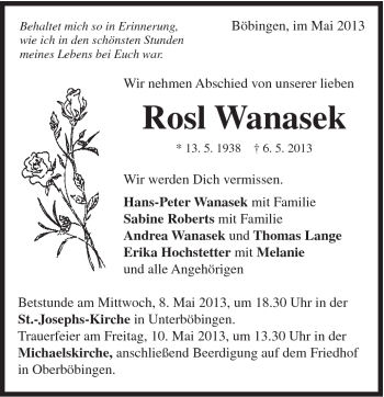 Traueranzeige von Rosl Wanasek von Gmünder Tagespost