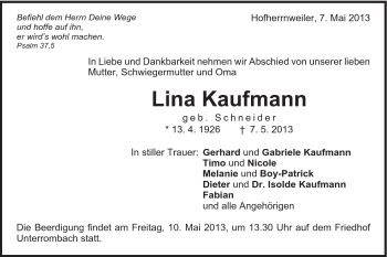 Traueranzeige von Lina Kaufmann von Schwäbische Post