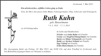 Traueranzeige von Ruth Kuhn von Gmünder Tagespost