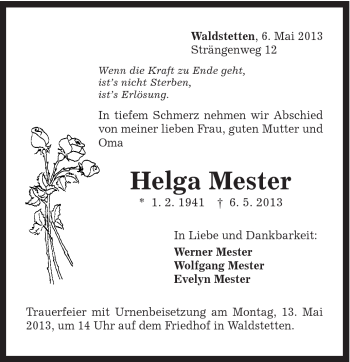 Traueranzeige von Helga Mester von Gmünder Tagespost
