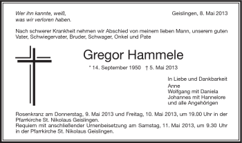 Traueranzeige von Gregor Hammele von Schwäbische Post