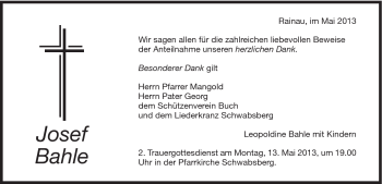 Traueranzeige von Josef Bahle von Schwäbische Post