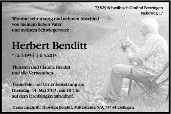 Traueranzeige von Herbert Benditt von Gmünder Tagespost