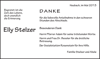 Traueranzeige von Elly Stelzer von Gmünder Tagespost