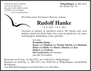 Traueranzeige von Rudolf Hanke von Gmünder Tagespost