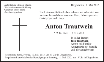 Traueranzeige von Anton Trautwein von Schwäbische Post