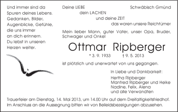 Traueranzeige von Ottmar Ripberger von Gmünder Tagespost