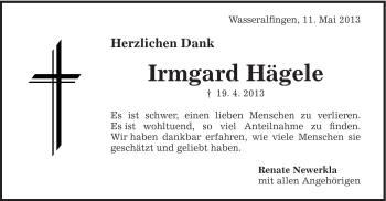 Traueranzeige von Irmgard Hägele von Schwäbische Post