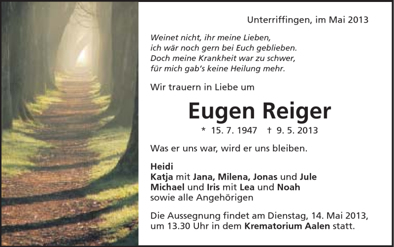  Traueranzeige für Eugen Reiger vom 11.05.2013 aus Schwäbische Post