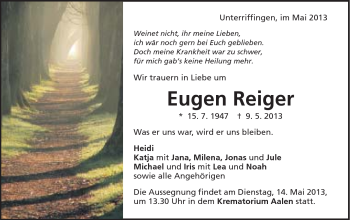 Traueranzeige von Eugen Reiger von Schwäbische Post