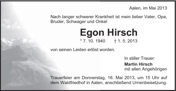 Traueranzeige von Egon Hirsch von Schwäbische Post