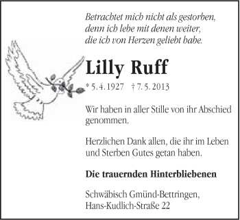 Traueranzeige von Lilly Ruff von Gmünder Tagespost