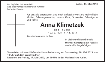 Traueranzeige von Anna Klimetzek von Schwäbische Post