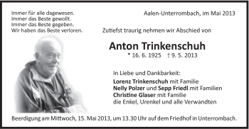 Traueranzeige von Anton Trinkenschuh von Schwäbische Post