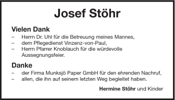 Traueranzeige von Josef Stöhr von Schwäbische Post